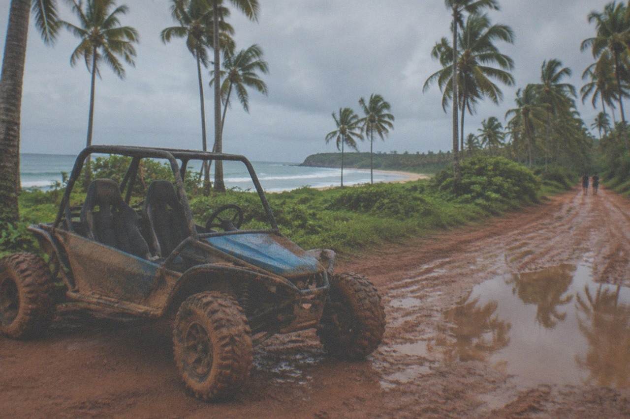 A two-seat dune buggy parked on a muddy trail beside palm trees