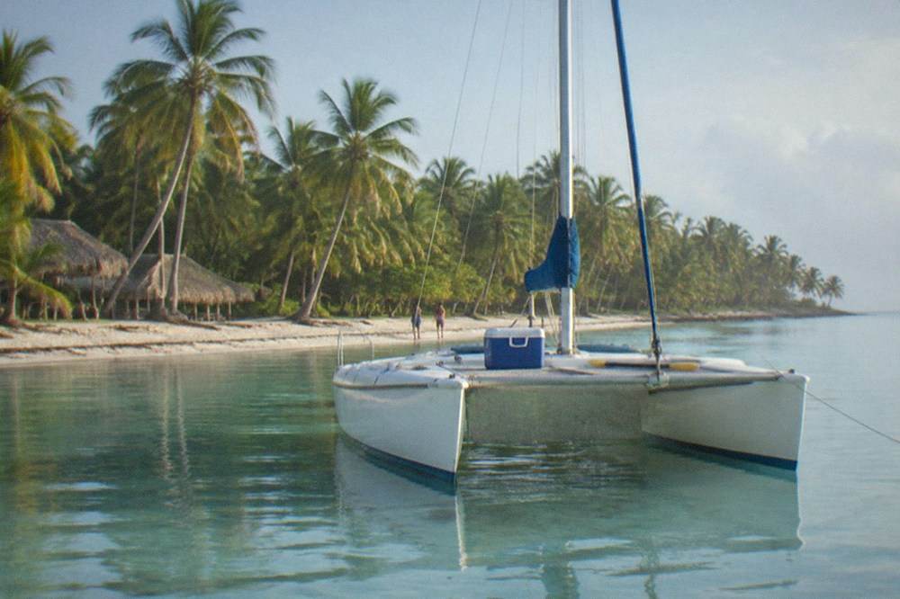 A catamaran anchored near the shoreline of Saona Island with palm trees and calm water
