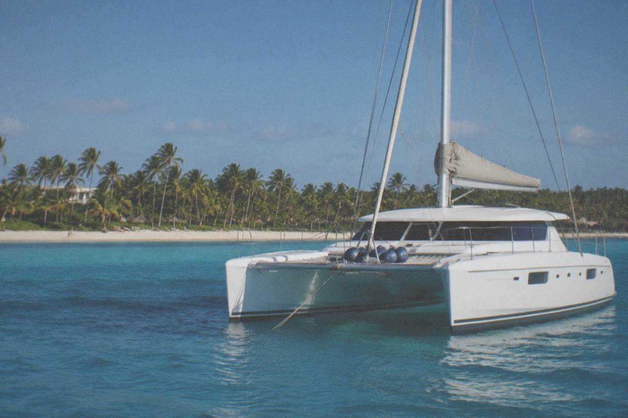 A sleek white catamaran anchored in turquoise water with a backdrop of green shoreline and clear blue sky