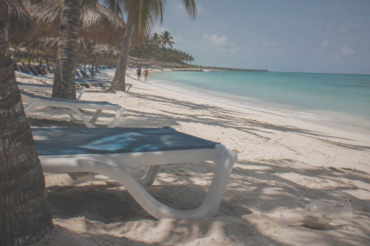 Empty beach chairs shaded by palm trees along a quiet Punta Cana shoreline at midday.