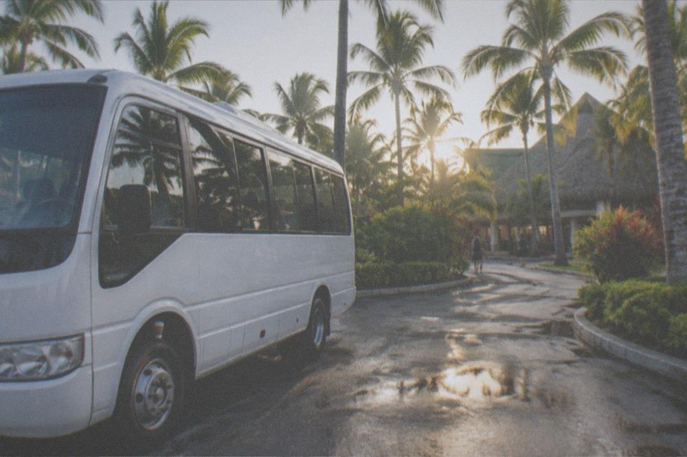 Excursion van parked beside palm trees at a resort driveway in morning light