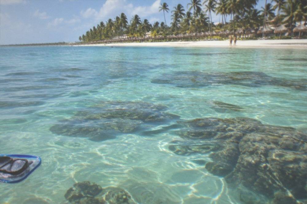 Shallow turquoise reef water with coral formations visible below the surface