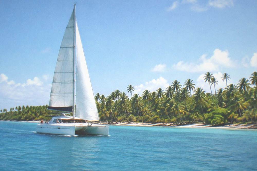 A small catamaran with a few passengers sailing along a coastline at midday