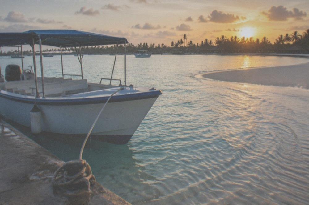 A tour boat moored beside a shallow sandbar with palm trees on the horizon