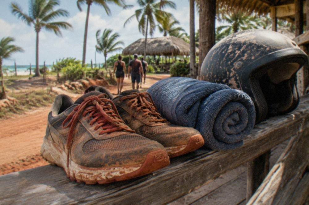 Pair of worn sneakers and a folded towel set on a wooden bench before a buggy excursion