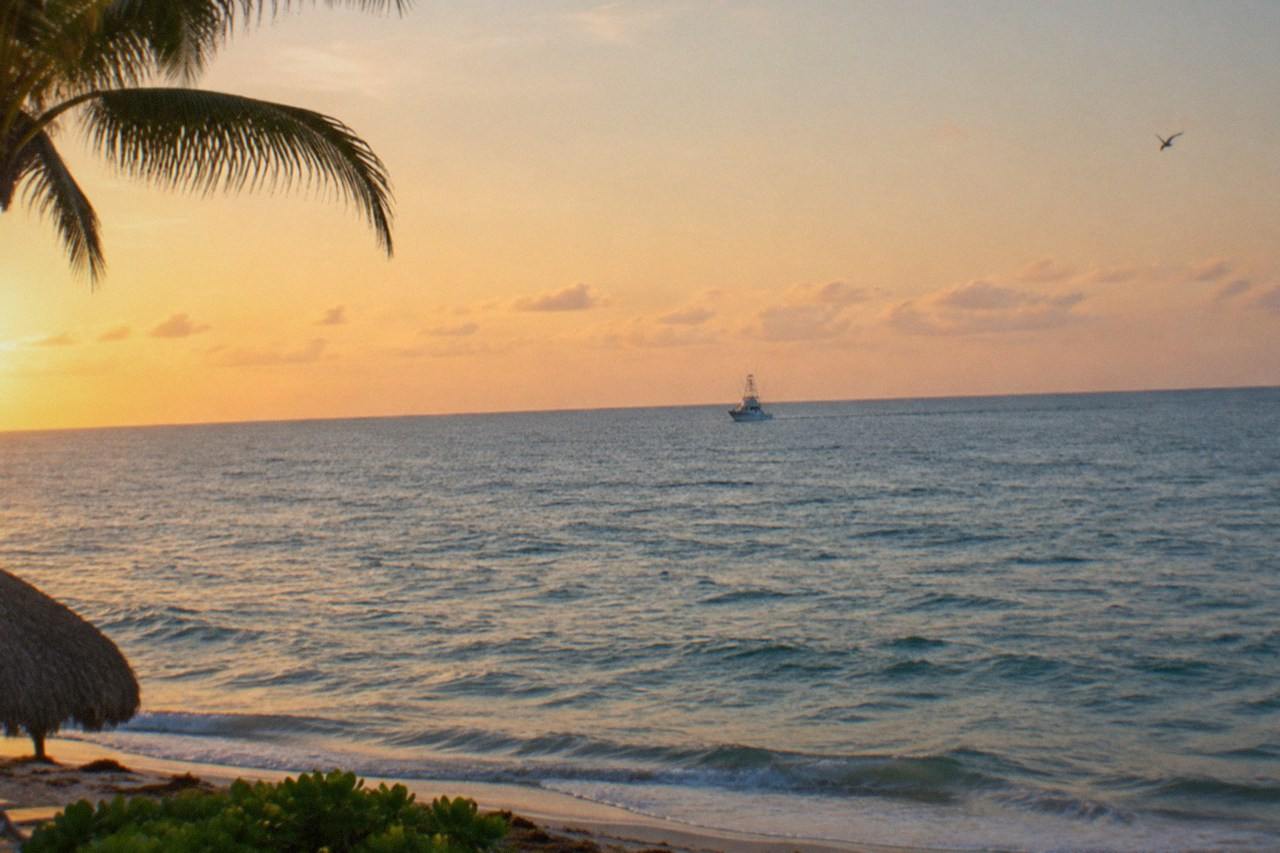 Sport fishing boat trolling off Punta Cana, outriggers spread and lines trailing behind the stern.